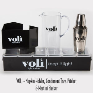 1-8 - VOLI - Napkin Holder, Condiment Tray, Pitcher & Martini Shaker